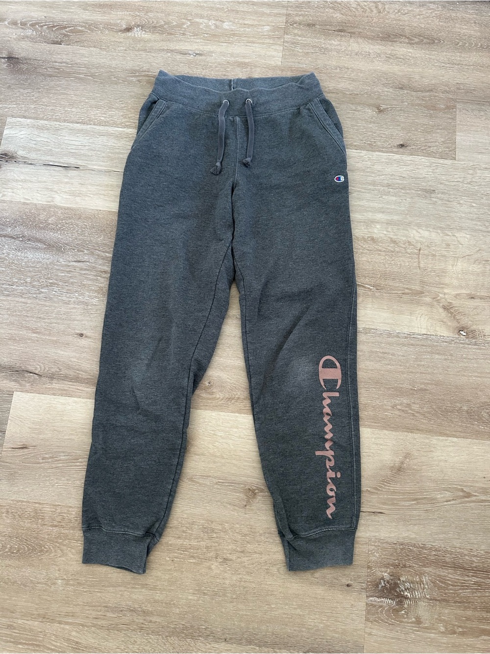 Champion Charcoal Gray Sweatpants with Pink Script Logo